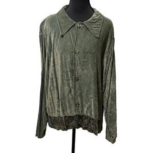 CP Shades Velvet Button Up Lace Trim Shirt L Green Lagenlook Goblincore Cottage